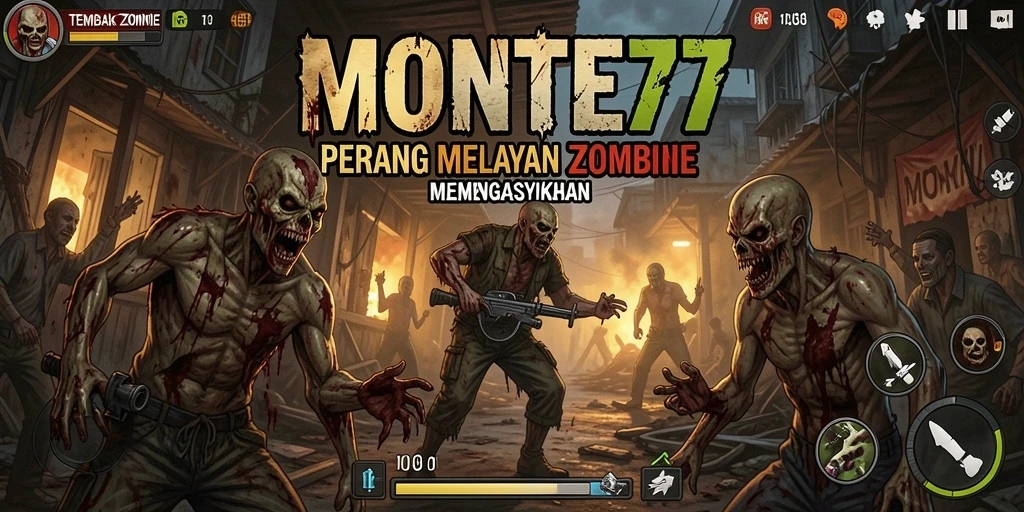 Screenshot tampilan gameplay MONTE77 yang seru melawan zombie.